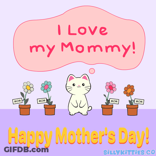 A Happy Mother 'S Day Card With A Cat Surrounded By Flowers GIF