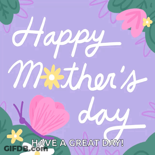 A Happy Mother 'S Day Card With Flowers And Butterflies On A Purple Background GIF