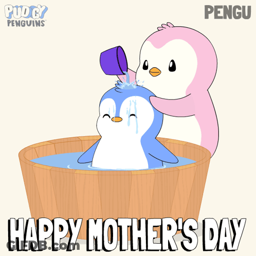 A Happy Mother 'S Day Card With Two Penguins In A Wooden Tub GIF