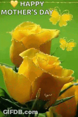 A Happy Mother 'S Day Card With Yellow Roses And Butterflies On A Green Background GIF