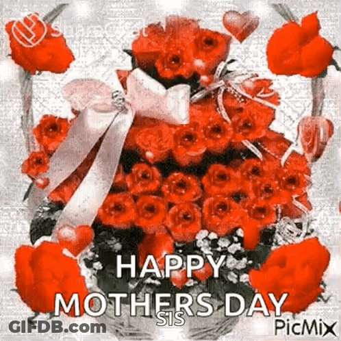 A Happy Mother 'S Day Greeting Card With A Basket Of Red Roses And Hearts . GIF