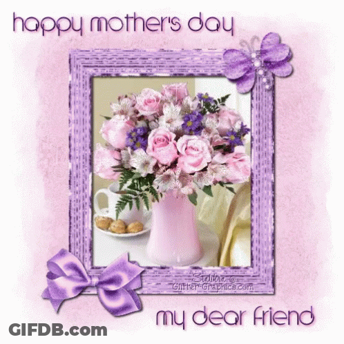 A Happy Mother 'S Day Greeting Card With A Picture Of Flowers In A Pink Vase GIF