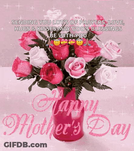 A Happy Mother 'S Day Greeting Card With A Vase Of Pink Roses GIF