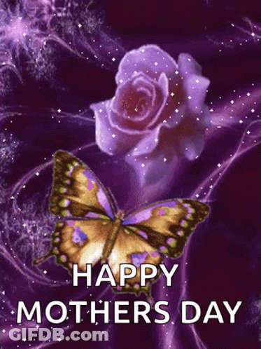 A Happy Mothers Day Card With A Butterfly And Purple Rose GIF