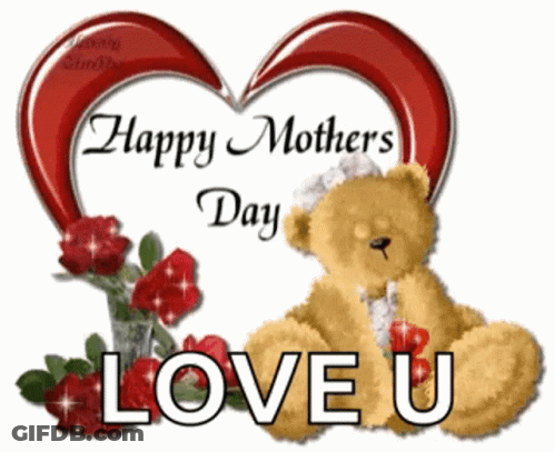 A Happy Mothers Day Card With A Teddy Bear And Red Roses GIF