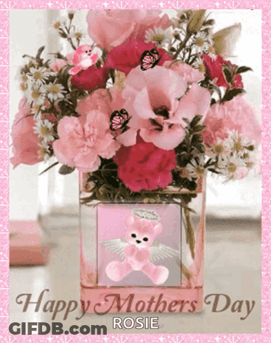 A Happy Mothers Day Card With A Vase Of Pink Flowers And A Teddy Bear GIF