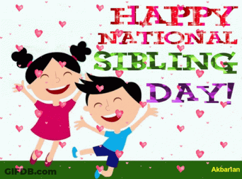 A Happy National Sibling Day Greeting Card With A Boy And A Girl Jumping In The Air GIF