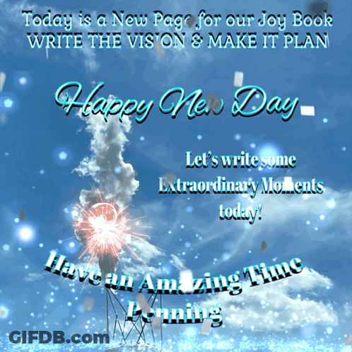 A Happy New Day Greeting Card With A Picture Of Fireworks GIF
