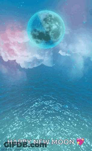 A Happy New Moon Greeting With A Full Moon In The Sky Above The Ocean GIF
