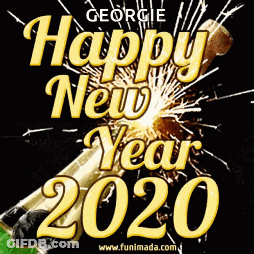 A Happy New Year 2020 Greeting Card With A Bottle Of Champagne And Fireworks GIF