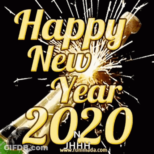 A Happy New Year 2020 Greeting Card With A Bottle Of Champagne In The Foreground GIF
