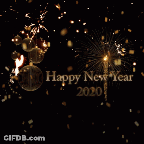 A Happy New Year 2020 Greeting Card With Fireworks And Confetti GIF