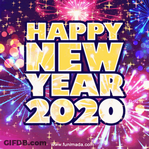 A Happy New Year 2020 Greeting Card With Fireworks Behind It GIF