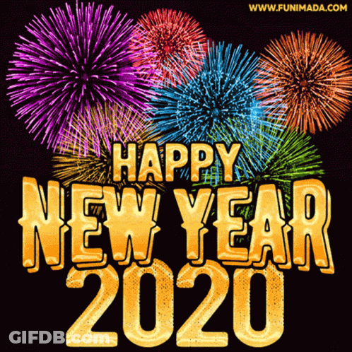 A Happy New Year 2020 Greeting Card With Fireworks Behind It GIF