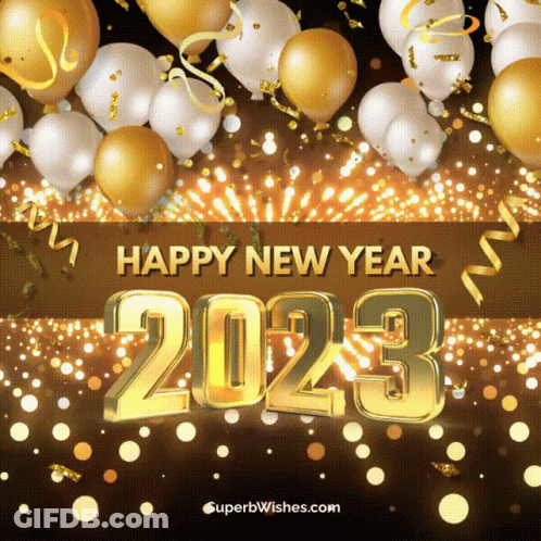 Happy New Year 2023 Card With Balloons And Fireworks GIF