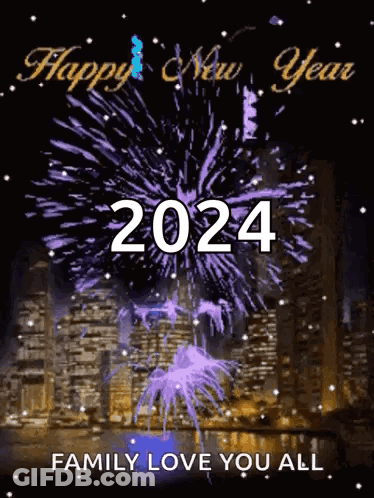 A Happy New Year 2024 Greeting Card With Fireworks GIF