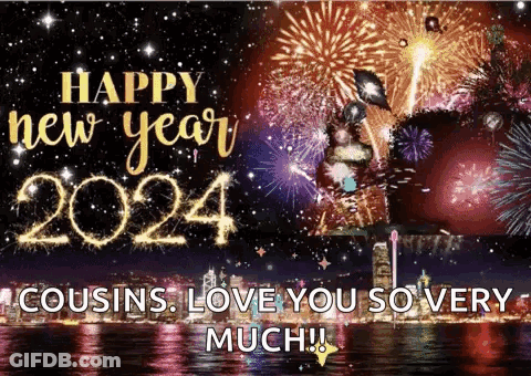 A Happy New Year 2024 Greeting Card With Fireworks And The Statue Of Liberty In The Background GIF