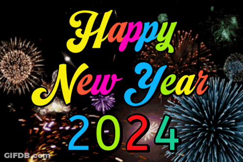 A Happy New Year 2024 Sign With Fireworks Behind It GIF