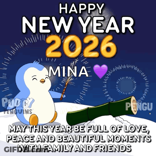 A Happy New Year 2026 Greeting Card With A Penguin Holding A Sparkler GIF
