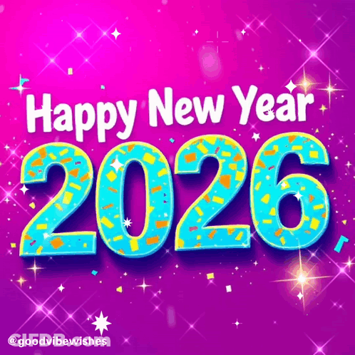 A Happy New Year 2026 Greeting Card With Confetti And Stars GIF