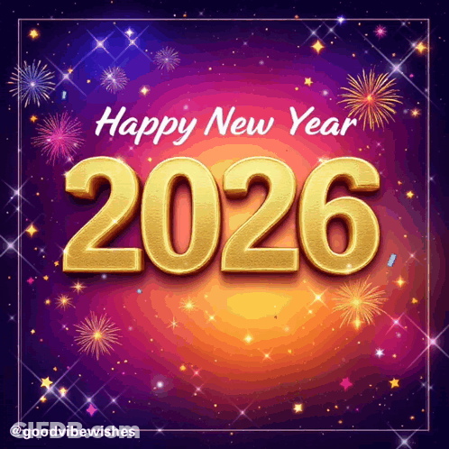 A Happy New Year 2026 Greeting With Fireworks In The Background GIF