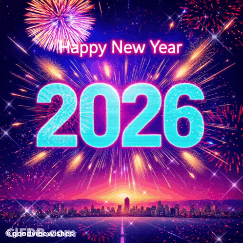 A Happy New Year 2026 Poster With Fireworks Behind It GIF