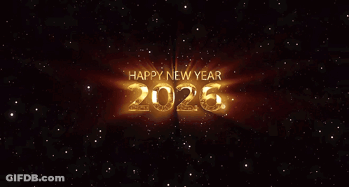 A Happy New Year 2026 Sign With Fireworks Behind It GIF