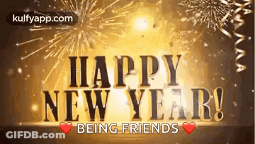 A Happy New Year Being Friends Greeting Card With Fireworks In The Background . GIF