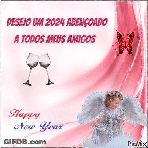 A Happy New Year Card With A Picture Of An Angel And Wine Glasses GIF