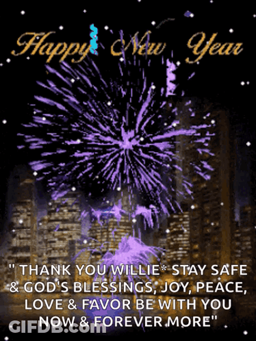 A Happy New Year Card With Purple Fireworks GIF