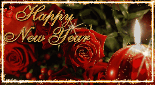 Happy New Year Card With Red Roses And Candle GIF
