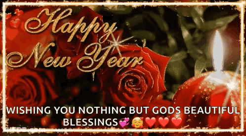 A Happy New Year Card With Red Roses And Candles GIF