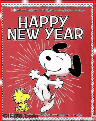 Happy New Year Card With Snoopy And Woodstock Dancing GIF
