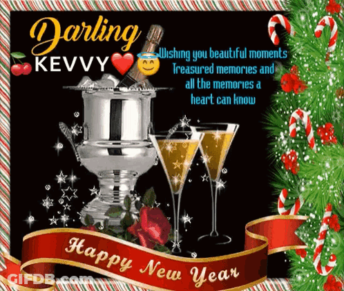 A Happy New Year Card With Two Glasses Of Champagne GIF