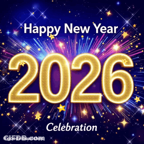A Happy New Year Celebration Poster With Fireworks And The Year 2026 GIF