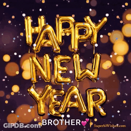 A Happy New Year Greeting Card For A Brother With Gold Balloons GIF