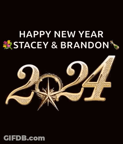 A Happy New Year Greeting Card For Stacey And Brandon With Fireworks In The Background GIF