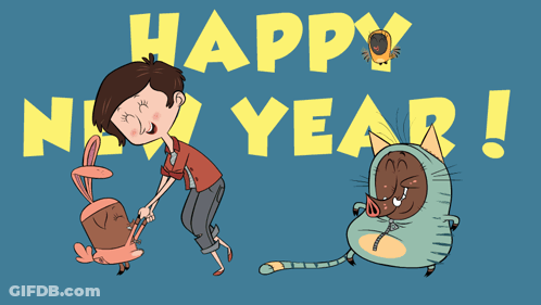 Happy New Year Card With Boy And Animals GIF