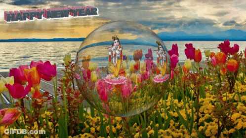 A Happy New Year Greeting Card With A Bubble Of Flowers In The Foreground GIF