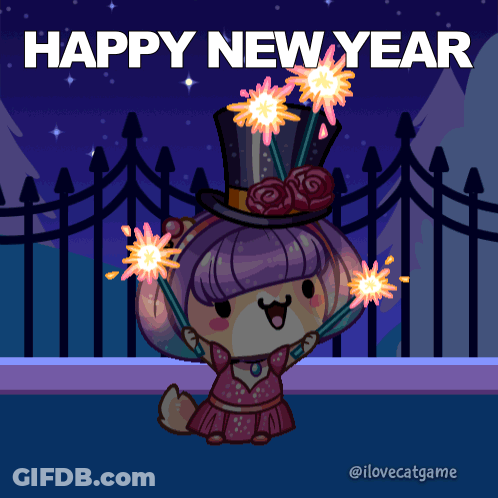 A Happy New Year Greeting Card With A Cartoon Character Holding Sparklers GIF