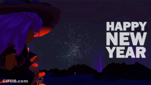 A Happy New Year Greeting Card With A Cartoon Character Looking At Fireworks GIF
