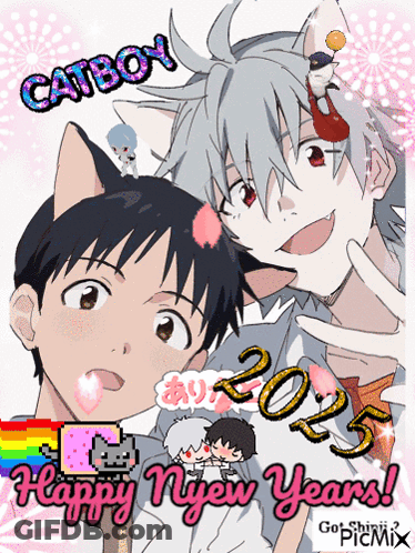 A Happy New Year Greeting Card With A Catboy GIF