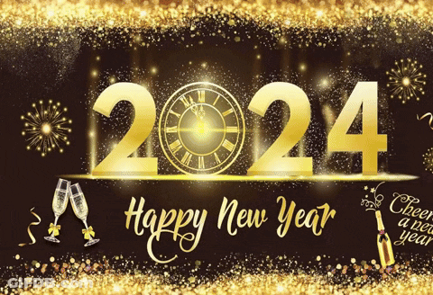 A Happy New Year Greeting Card With A Clock And Champagne GIF