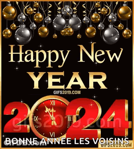 A Happy New Year Greeting Card With A Clock And Christmas Balls On A Black Background GIF