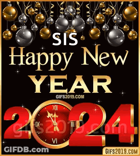 A Happy New Year Greeting Card With A Clock And Christmas Decorations GIF