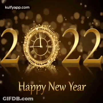 A Happy New Year Greeting Card With A Clock And The Year 2022 GIF