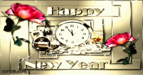 A Happy New Year Greeting Card With A Clock GIF