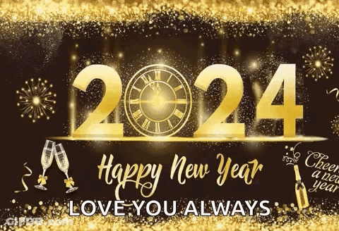 A Happy New Year Greeting Card With A Clock In The Background GIF