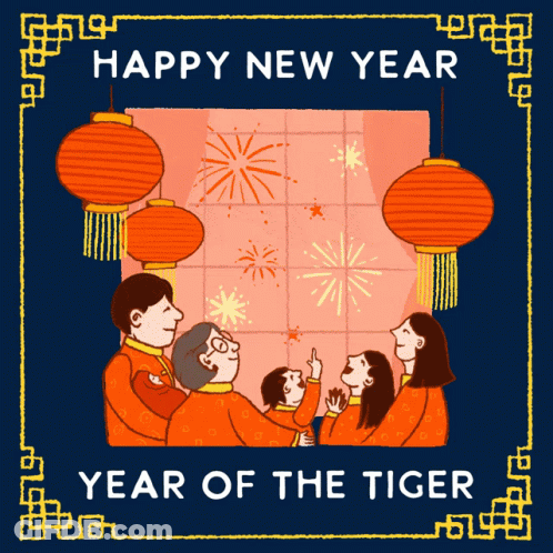 A Happy New Year Greeting Card With A Family Looking Up At Fireworks GIF