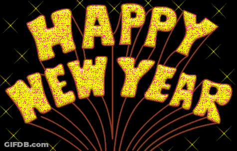 A Happy New Year Greeting Card With A Fan In The Background GIF